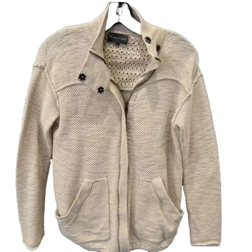 Michael Stars Anorak Cream Knit Sweater Drawstring Hem Full Zip Cotton   XS/S